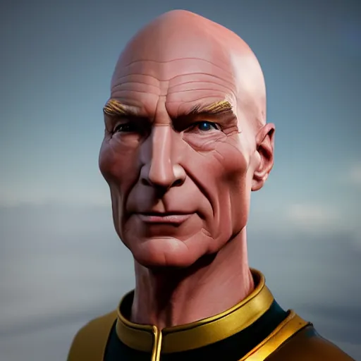 Image similar to captain picard made out of pure gold, unreal 5, hyperrealistic, octane render, cosplay, rpg portrait, dynamic lighting