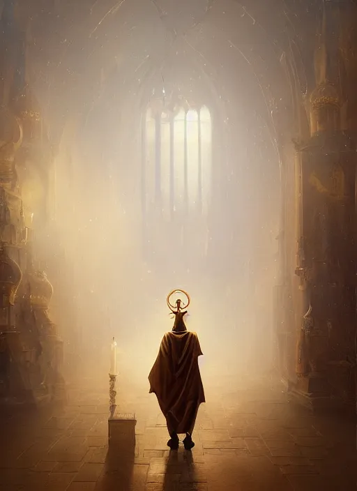 Image similar to surrealistic portrait of anthropomorphic caracal in golden priest clothes wearing vr in orthodox church, bokeh, foggy, dynamic lighting, darkness, ambients, dramatic, foggy, heavy bokeh and blur, cinematic, depth of field, art by bussiere rutkowski andreas rocha