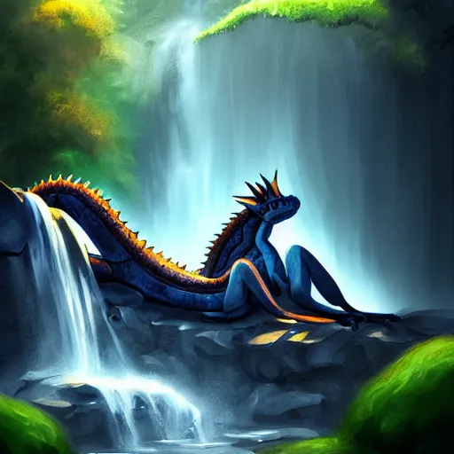 Image similar to beautiful photoshop commission of a slender dragon relaxing by a waterfall, digital painting, artstation, art by Jaime Jones