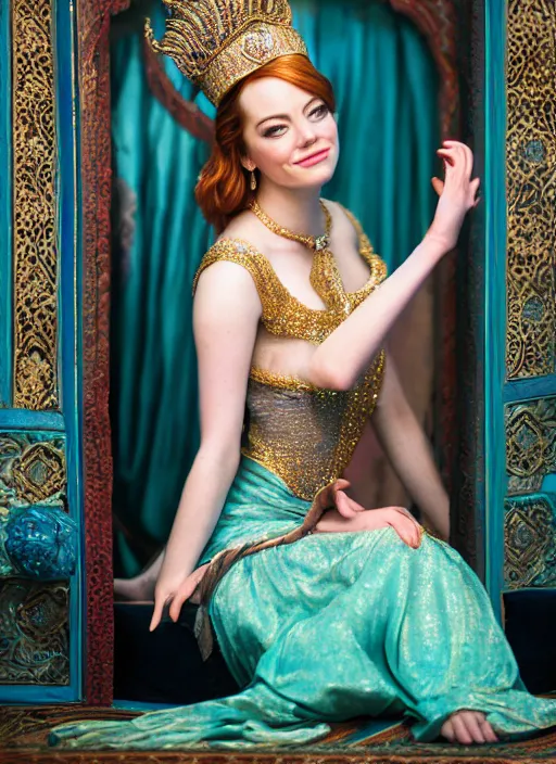 Image similar to portrait of emma stone as princess jasmine in persian palace, by charlotte grimm, natural light, detailed face, beautiful nails,, canon eos c 3 0 0, ƒ 1. 8, 3 5 mm, 8 k, medium - format print, half body shot