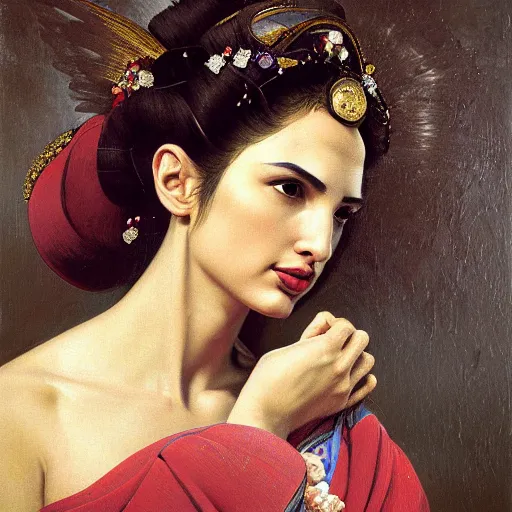 Prompt: Head and shoulders masterpiece portrait oil painting of the beautiful goddess Gal Gadot as Geisha, she is wearing roman clothes and a surreal jewelry, her hair is natural disheveled, she is approaching heaven over the clouds, naturalism, dramatic lighting, high-detailed oil painting by Ilya Repin, Michelangelo da Caravaggio, William Blake, Alex Grey and Beksinski, trending on Artsation, hystorical painting, naturalism, masterpiece, full body shot, 4k, 8k,