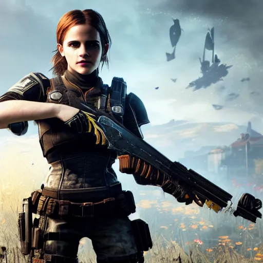 Prompt: emma watson in gears of war destiny 2 call of duty witcher 3 warframe pokemon mario spongebob fortnite ice cream smash bros highly detailed, extremely high quality, hd, 4 k, professional photographer, 4 0 mp, lifelike, top - rated, award winning, realistic, detailed lighting, detailed shadows, sharp, no blur, edited, corrected, trending