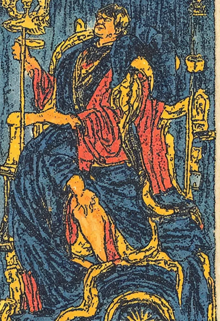 Prompt: Yann LeCun sitting on the throne on a tarot card, illustrated on the Rider–Waite tarot.