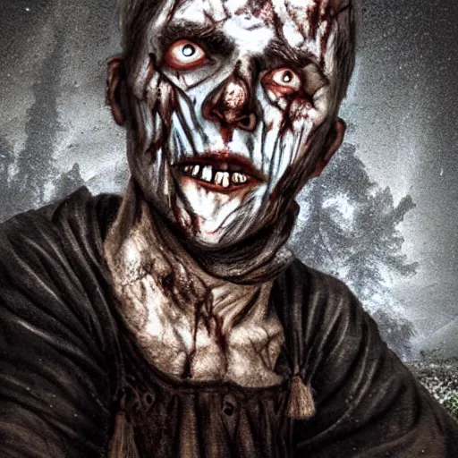 Image similar to head and shoulders photo portrait of a male medieval villager zombie in a nighttime medieval graveyard, d & d