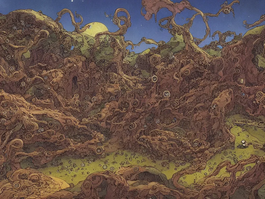 Image similar to fantasy landscape made by moebius with a 8 eyed humanoid god dealing cards over a medieval field