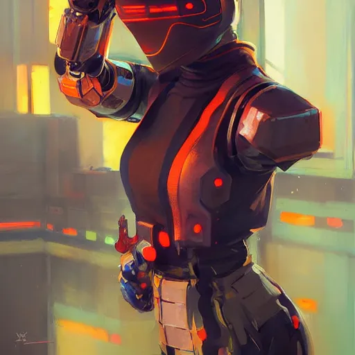 Prompt: stylized cybernetic ninja - cyberpunk girl, wearing techwear and armor, complementary colors, highly detailed, artstation, concept art, smooth, sharp focus, illustration, art by artgerm, by greg rutkowski, by jeremy mann, by francoise nielly, oil painting