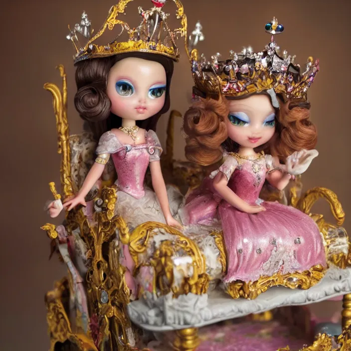 Image similar to closeup portrait of tin toy fairytale princess sitting on a throne wearing a crown eating cakes, depth of field, zeiss lens, detailed, symmetrical, centered, fashion photoshoot, by nicoletta ceccoli, mark ryden, lostfish, breathtaking, 8 k resolution, extremely detailed, beautiful, establishing shot, artistic, hyperrealistic, octane render