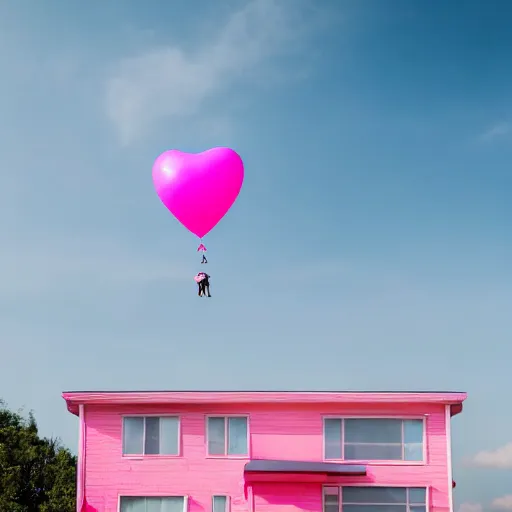 Image similar to a 5 0 mm lens photograph of a cute pink floating modern house, floating in the air between clouds, inspired by the movie up, held up from above by a heart - shaped ballon. mist, playful composition canon, nikon, award winning, photo of the year