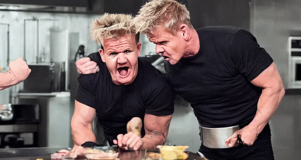 Image similar to photo of angry furious Gordon Ramsay punching Gordon Ramsay at the kitchen