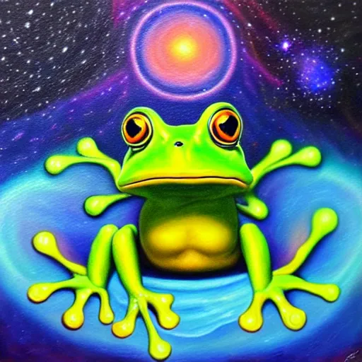Prompt: the frog in the galactic nebular astral realm sacred journey in oil painting, trending on artstation, award winning, emotional, highly detailed surrealist art