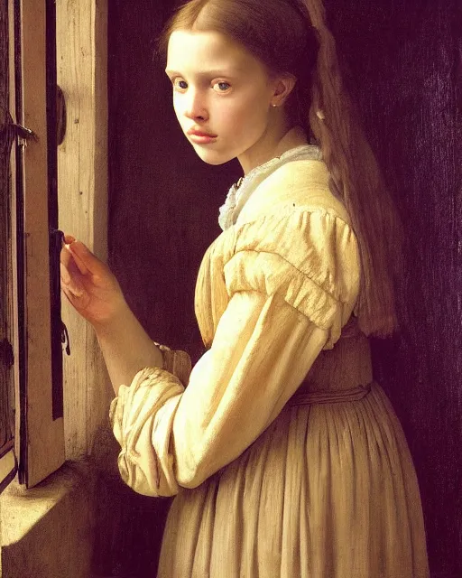 Prompt: a window - lit realistic portrait painting of a thoughtful girl resembling a young, shy, redheaded alicia vikander or millie bobby brown wearing peasant clothes by an open window, highly detailed, intricate, by vermeer, and william bouguereau