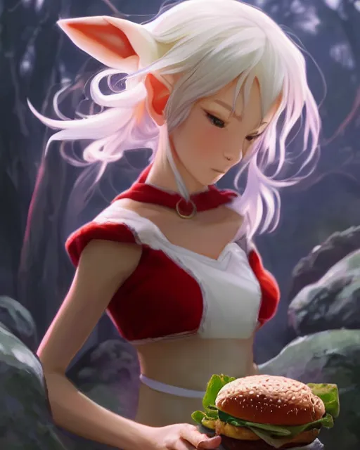 Image similar to adorable elf girl holding a burger, lord of the rings aesthetic, single subject, close centered shot of burger, ambient lighting, white hair, detailed face, by makoto shinkai, stanley artgerm lau, wlop, rossdraws