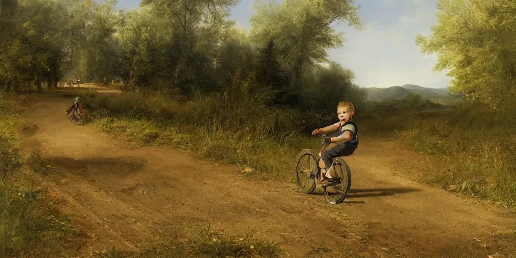 Image similar to artwork by eugene von guerard, a kid on a bike speeding away from zombies