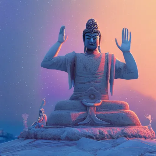 Image similar to ice statue buddha, bioluminescence, vegetation, colorful, rim light, highly detailed, tilt shift, digital painting, concept art, smooth, sharp focus, pleasing aesthetics, josan gonzalez, michael dante dimartino, simon stalenhag, octane render, disney pixar, 4 k