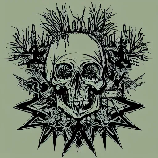 Image similar to dark death metal themed vector illustration for a record label, trees. forest, spikes, skull, microphone, skull, award winning, grunge, iconic, golden ratio