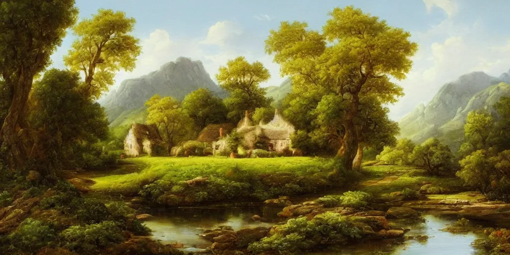 Image similar to a beautiful landscape painting of a cottage by a river in a valley, by john glover, oil on canvas, highly detailed, hd, 4 k