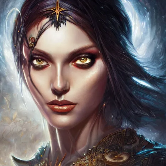Prompt: a higly detailed painting of a sorceress with piercing beautiful eyes, dark dungeon setting, dynamic lighting, ambient lighting, deviantart, art by artgerm and karol bak and mark brooks