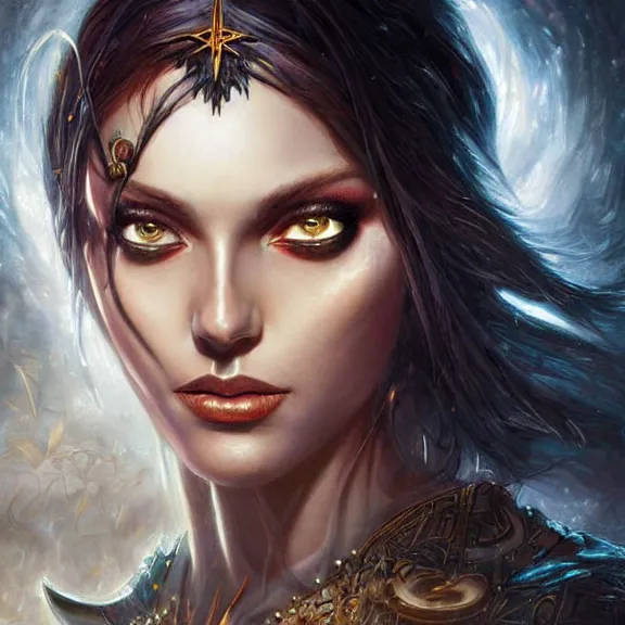 Image similar to a higly detailed painting of a sorceress with piercing beautiful eyes, dark dungeon setting, dynamic lighting, ambient lighting, deviantart, art by artgerm and karol bak and mark brooks