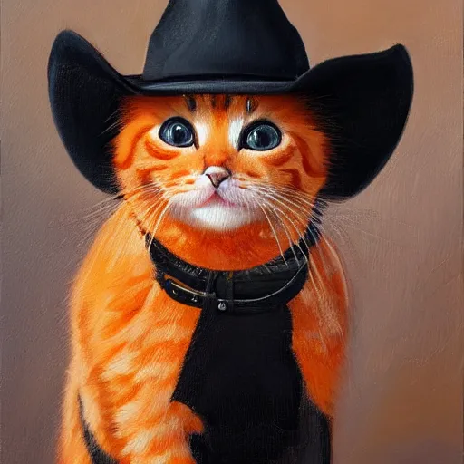 Image similar to a portrait of an orange kitten wearing a cowboy hat and a black leather jacket, oil painting, detailed