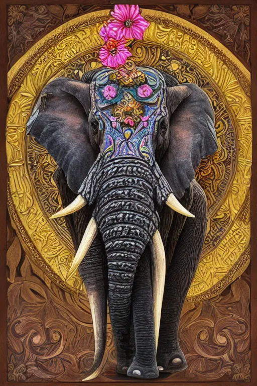 Image similar to Painted dark-wood panel relief carving of a close up of a Flowerpunk Matriarch Elephant, ornate border frame, explosion of colorful flowers, dark wood, intricately carved, black ink, festival of rich colors, intricate details, cinematic lighting, volumetric lighting, post-processing, art nouveau, tarot, fractal art, mandala, by andreas rocha and john howe, and Martin Johnson Heade, featured on artstation, featured on behance, golden ratio, hyper detailed, photorealistic, epic composition, center spotlight, f32, well composed, symmetrical, UE5, 8k