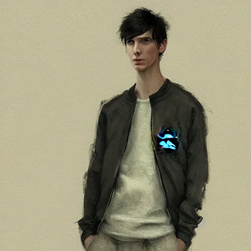 Image similar to Portrait of a man by Greg Rutkowski, he is about 18 years old, british, short black hair with bangs, young, pale, tall and slim, tired look, he's wearing a black adidas tracksuit, highly detailed portrait, scifi, digital painting, artstation, concept art, smooth, sharp foccus ilustration, Artstation HQ