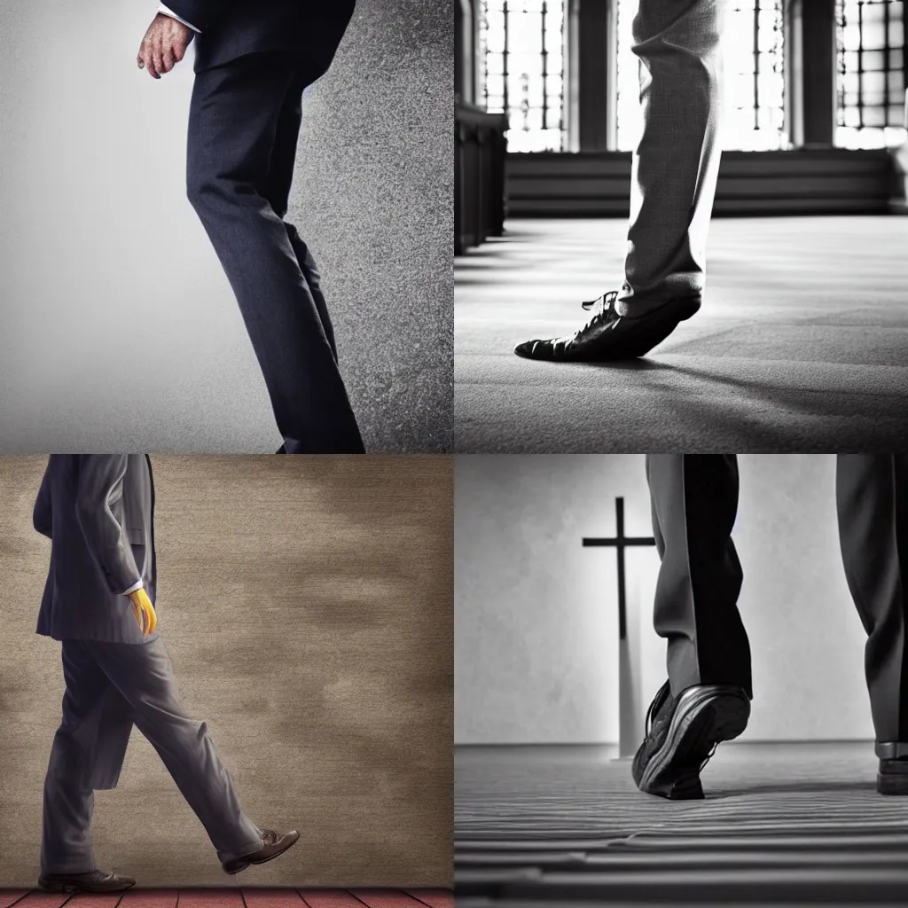 Prompt: man with one leg goes to church, photorealistic