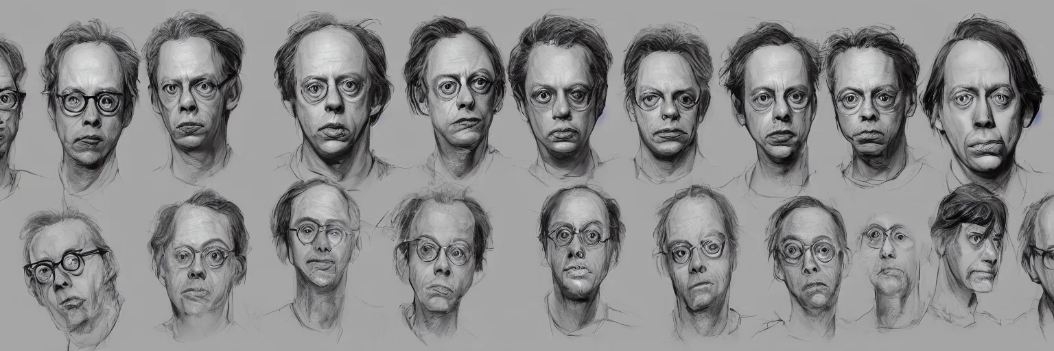 Image similar to character study of todd solondz and steve buscemi and charlie kaufman, 2 0 2 2, clear faces, emotional, character sheet, fine details, concept design, contrast, kim jung gi, pixar and da vinci, trending on artstation, 8 k, full body and head, turnaround, front view, back view, ultra wide angle