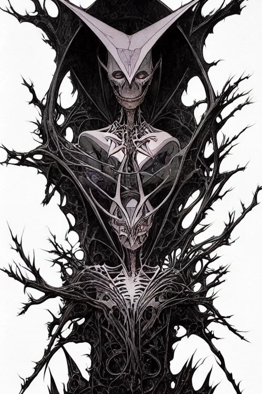 Image similar to artgerm, joshua middleton, mucha, beksinski, moebius, heavy metal comic cover art, psychedelic triangular skeletal calcification fungus lich in darkiron spike armor, full body, hollow eyes, symmetrical face, long black crown, in a dungeon background, moody dark colors