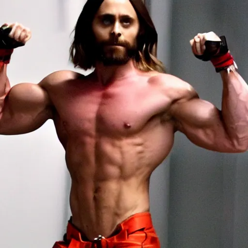 Prompt: photo jared leto as a body builder with a tiny bottom half