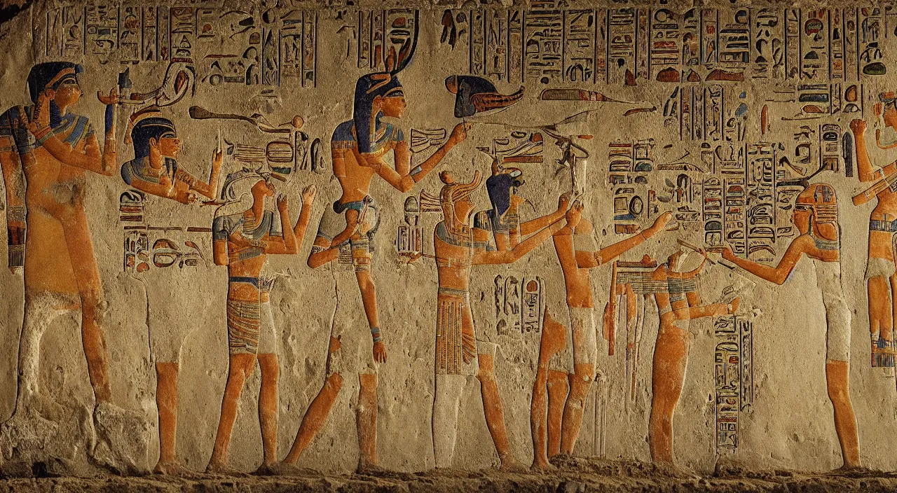 Prompt: Ancient Egyptian mural, tomb, fresco, register, hieroglyphics