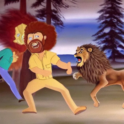 Image similar to screaming bob ross chasing a lion