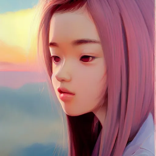 Image similar to oil painting by ilya kuvshinov,, baugh casey, rhads, coby whitmore, of a youthful japanese beauty, long hair, holding lolipop, outdoors, highly detailed, breathtaking face, studio photography, dawn, intense subsurface scattering, blush, supple look, innocence, intense sunlight