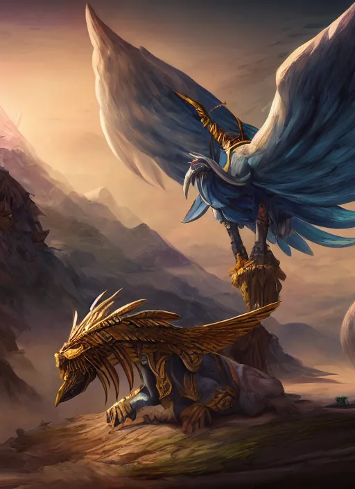 Image similar to winged beast of ancient egypt concept art, digital illustration, trending on artstation, epic composition, scenic background, 8 k uhd, masterpiece, league of legends splash art, highly detailed, perfect lineart