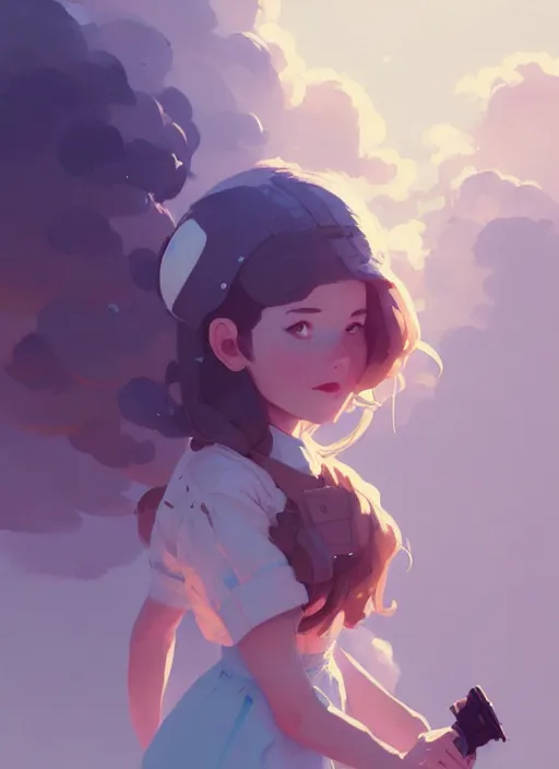 Image similar to portrait of cute maiden girl cowered, cloud sky background, by atey ghailan, by greg rutkowski, by greg tocchini, by james gilleard, by joe gb fenton, by kaethe butcher, dynamic lighting, gradient light blue, brown, blonde cream and white color in scheme, grunge aesthetic