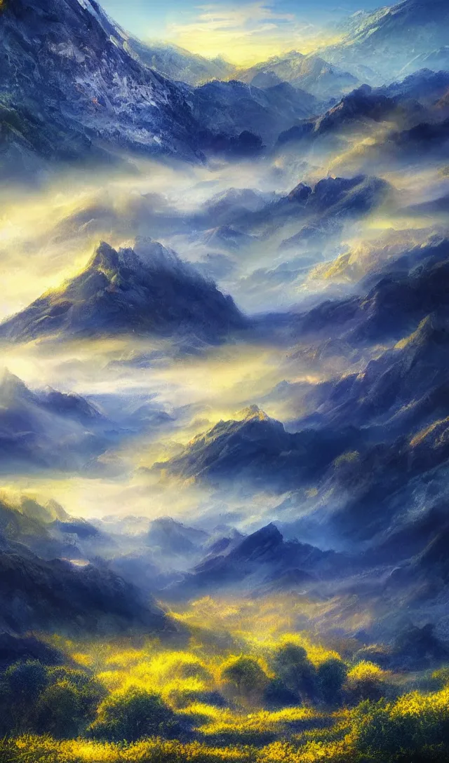 Image similar to magical landscape, mountains, misty, blue, yellow sky, digital art, high detail