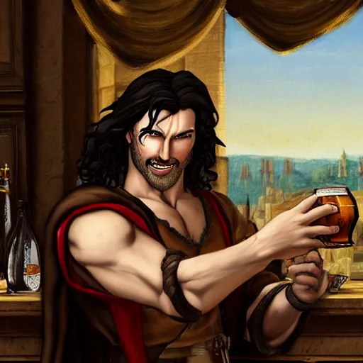 Prompt: Beautiful renaissance style painting of Trevor Belmont from Castlevania, enjoying a pint of ale at a tavern, HDR, happily smiling at the camera, holding the pint of ale, sitting at the bar, warm lantern lighting.