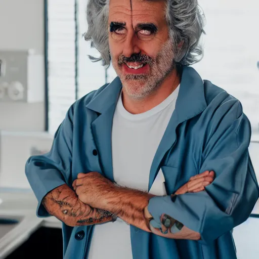 Prompt: portrait photo still of real life rick sanchez wearing a labcoat 8 k, 8 5 mm f 1. 8