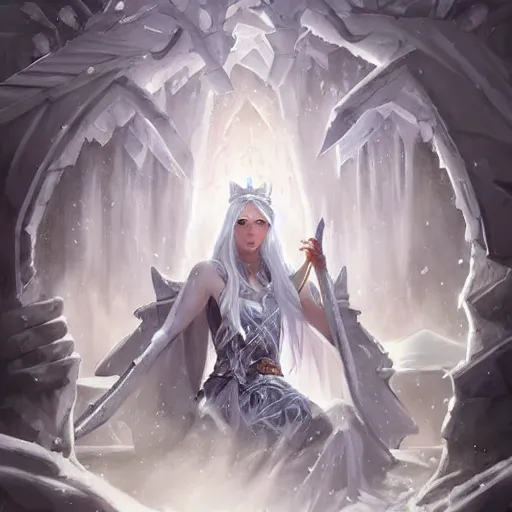 Image similar to ice queen, ice throne, epic fantasy style, in the style of Greg Rutkowski, hearthstone artwork