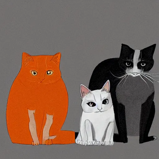 Image similar to An orange cat, a gray cat, a spotted white and gray cat, and a siamese cat sitting side-by-side facing us, cinematic atmosphere, art by Arist Deyn.