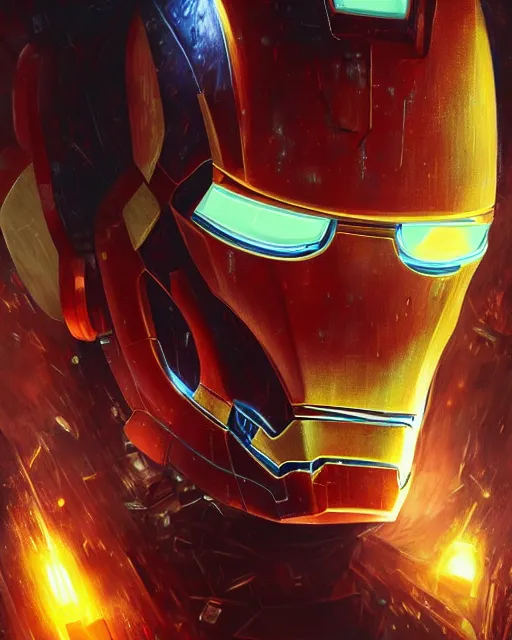 Image similar to a highly detailed portrait of a sinister Donald Trump as Iron Man, evil pose, by greg rutkowski and android jones in a surreal portrait style, oil on canvas, ancient cyberpunk 8k resolution, masterpiece