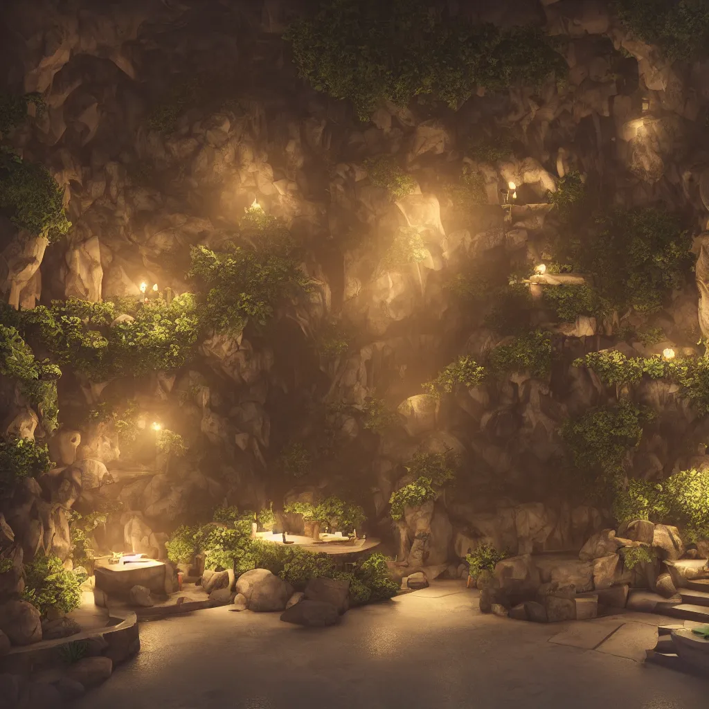 Image similar to secret overwatch common area carved inside a cave, multiple bedrooms, sheltered, magical, natural light, planters, central tree, candle light, cinematic lighting, clean lines, cozy, fantasy, minimalist architecture, sharp focus, concept art, octane render 8 k
