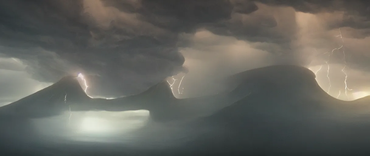 Prompt: a giant octopus tentacle hanging from the clouds over a rain forest, lightning storm and sun rays, ambient light, a volcano erupte, still from the movie the arrival, 8k