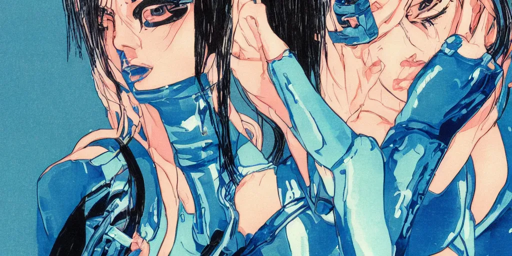 Prompt: a close - up grainy risograph painting of cyberpunk japanese model girl with black eyes and pretty face wearing latex catsuit and lots of transparent and cellophane accessories, blue hour, twilight, by moebius and lehr paul