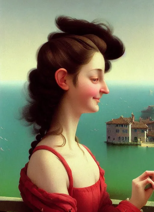 Image similar to hyper detailed 3 d render like a oil painting - cute portrait of a brunette called emma, italian looks, long brunette hair, with a smiling cow looking over her shoulder by ryden, kawase hasui, dorothea tanning, edward hopper and james gilleard, aivazovsky, beksinski, outram, artstation