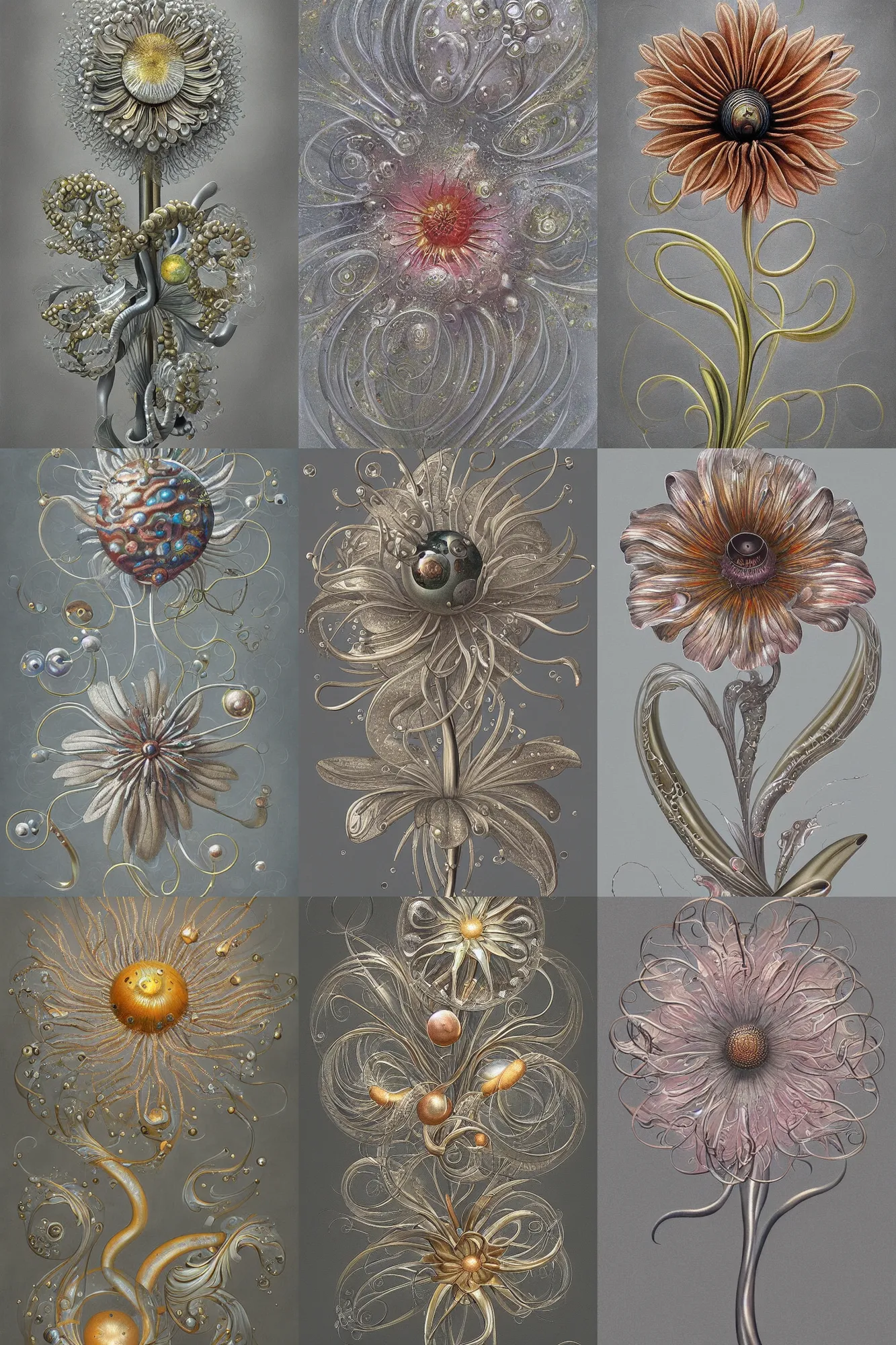 Prompt: a painting of a metallic flower on a gray background, an airbrush painting by Earnst Haeckel, trending on zbrush central, cloisonnism, high detail, detailed painting, biomorphic, bubbles, exotic, xeno morphs.