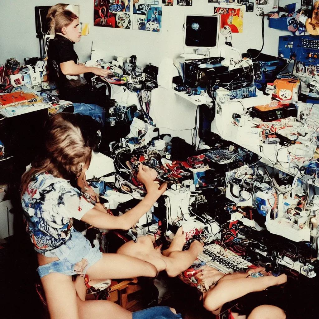 Prompt: a psychobilly blonde teenager from behind working on a amiga 2000 connected to a sony v-5000 camera and genlock in his teen room, 1989, colors, Annie Leibovitz