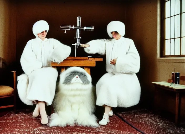 Image similar to realistic photo of a two medieval female scientists wearing white cotton jackets, watching at a levitating fluffy furry cloud, living room laboratory interior is made of wood 1 9 9 0, life magazine reportage photo, natural colors