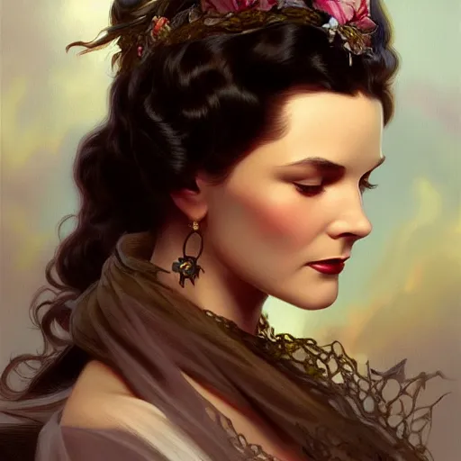 Image similar to Vivien Leigh in Gone With the Wind, D&D, fantasy, intricate, elegant, highly detailed, digital painting, artstation, concept art, matte, sharp focus, illustration, art by Artgerm and Greg Rutkowski and Alphonse Mucha