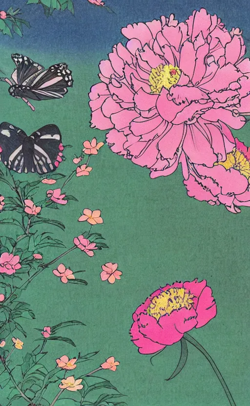 Prompt: by akio watanabe, manga art, butterflies insects and a peony on a hill, sun in the background, trading card front