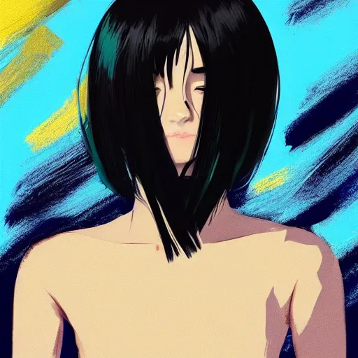 Image similar to ilya kuvshinov with long sky blue hair, gold eyes, amber eyes, boyish face, professional digital painting, wild brush strokes, concept art, award - winning photography, cinematic, black background, black shirt, crazy, yandere, wlop, color block, pop, hip, art by andy warhol, pixiv art, yoshitaka amano